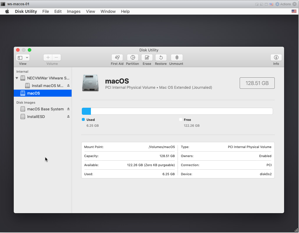 vmware mac os disk utility installation